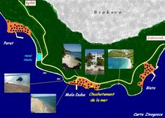 La carte du village de Zivogosce, avec indication de la position de la maison et des plages